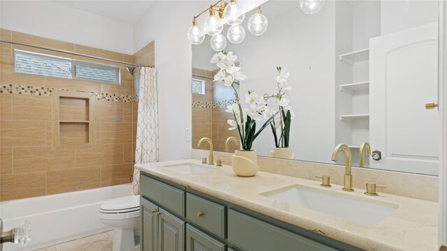1415 W 21st St Unit A, Houston, TX 77008 - bathroom featuring toilet, shower / bath combo with shower curtain, double vanity, and tile patterned flooring