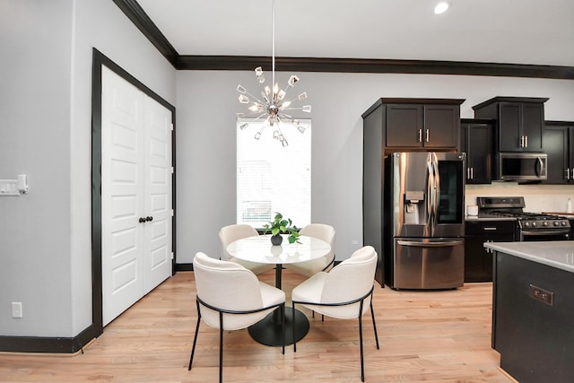 1544 W 23rd St Unit B, Houston, TX 77008 - dining room featuring a chandelier, crown molding, light wood-style floors, and baseboards