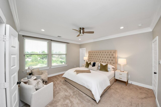 1544 W 23rd St Unit B, Houston, TX 77008 - bedroom featuring crown molding, baseboards, light colored carpet, recessed lighting, and ceiling fan
