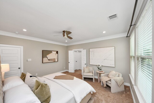 1544 W 23rd St Unit B, Houston, TX 77008 - bedroom with light colored carpet, crown molding, recessed lighting, ceiling fan, and baseboards
