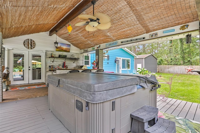 1310 Hickory Ln, Houston, TX 77339 - deck featuring a hot tub, french doors, and ceiling fan