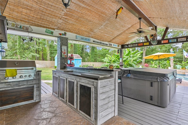 1310 Hickory Ln, Houston, TX 77339 - view of patio / terrace featuring ceiling fan, a hot tub, and a gazebo