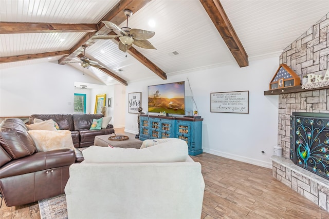 1310 Hickory Ln, Houston, TX 77339 - living area featuring a ceiling fan, light wood finished floors, a fireplace, baseboards, and wood ceiling