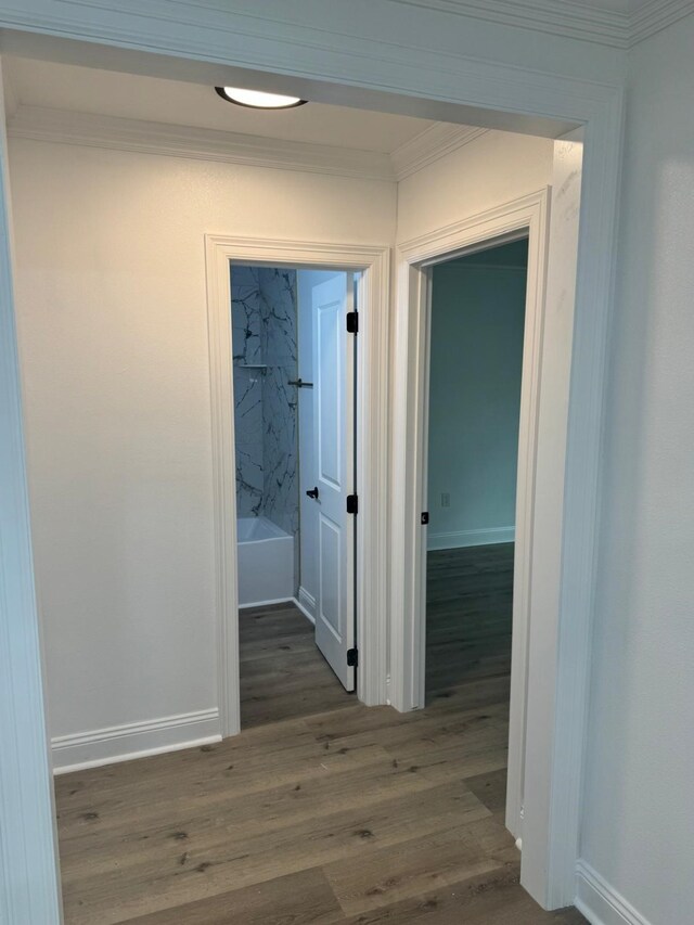 4120 Buffalo St, Beaumont, TX 77703 - hallway with wood finished floors, crown molding, and baseboards
