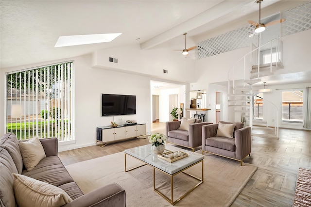 707 Center Hill Dr, Houston, TX 77079 - living room featuring a skylight, stairway, high vaulted ceiling, beamed ceiling, and a ceiling fan