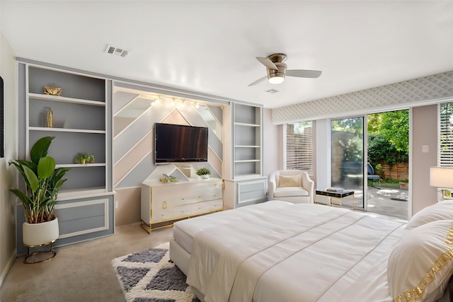 707 Center Hill Dr, Houston, TX 77079 - carpeted bedroom featuring access to outside and ceiling fan
