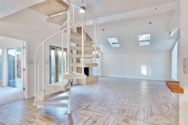 707 Center Hill Dr, Houston, TX 77079 - staircase with baseboards and a skylight