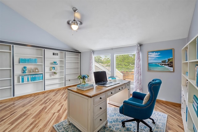 707 Center Hill Dr, Houston, TX 77079 - home office with lofted ceiling, ceiling fan, and light wood-style floors