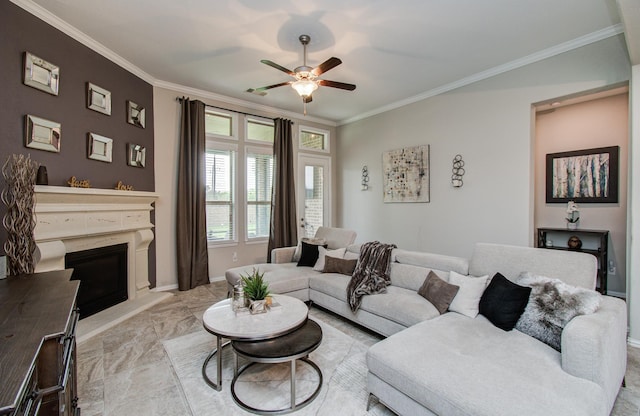 3111 Jane Way, Richmond, TX 77406 - living area with crown molding, ceiling fan, a fireplace with raised hearth, and baseboards