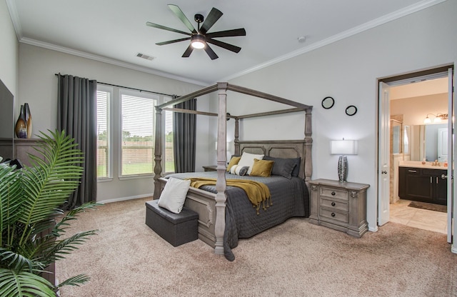 3111 Jane Way, Richmond, TX 77406 - bedroom featuring light carpet, crown molding, ensuite bath, and baseboards