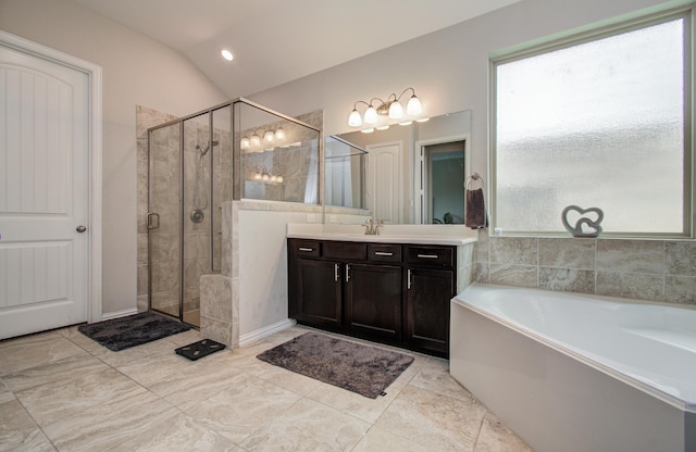 3111 Jane Way, Richmond, TX 77406 - full bath featuring a garden tub, vanity, a shower stall, and vaulted ceiling