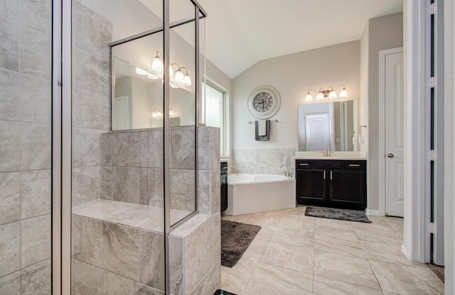 3111 Jane Way, Richmond, TX 77406 - full bathroom with a bath, vanity, tiled shower, and lofted ceiling