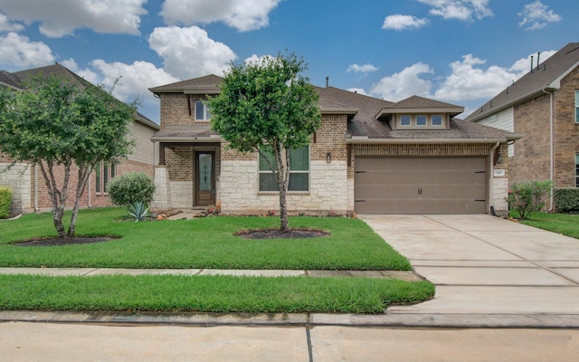 3111 Jane Way, Richmond, TX 77406 - view of front of home with an attached garage, driveway, a front lawn, stone siding, and a shingled roof