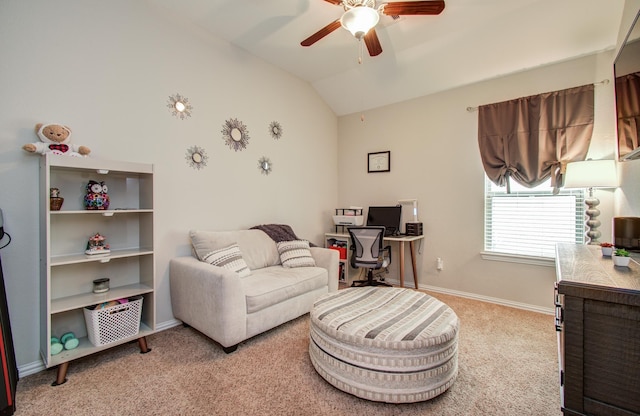 3111 Jane Way, Richmond, TX 77406 - sitting room with a ceiling fan, carpet, vaulted ceiling, an office area, and baseboards