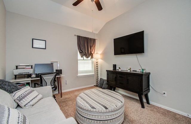 3111 Jane Way, Richmond, TX 77406 - living room with carpet flooring, ceiling fan, baseboards, lofted ceiling, and a desk