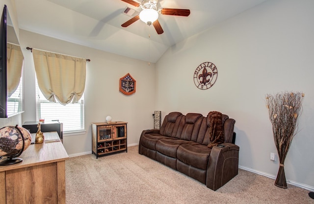 3111 Jane Way, Richmond, TX 77406 - living room featuring carpet, ceiling fan, baseboards, and lofted ceiling
