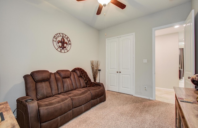 3111 Jane Way, Richmond, TX 77406 - living room with ceiling fan, light carpet, baseboards, and lofted ceiling