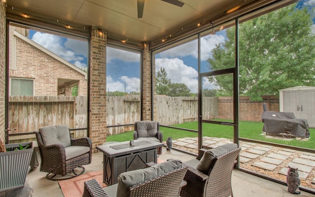 3111 Jane Way, Richmond, TX 77406 - sunroom / solarium with a ceiling fan and an outdoor living space with a fire pit