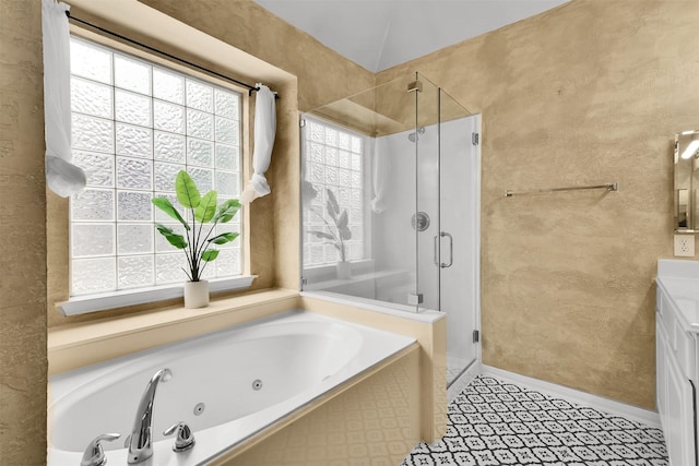 20434 Willow Trace Dr, Cypress, TX 77433 - bathroom featuring a stall shower, a whirlpool tub, vanity, baseboards, and tile patterned floors