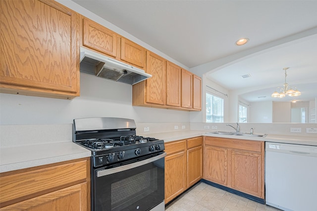 427 Sunset Colony Dr, Rosharon, TX 77583 - kitchen with dishwasher, gas stove, custom range hood, a sink, and a chandelier