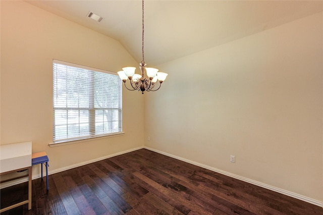 223 Summer Gate Ct, Rosenberg, TX 77469 - unfurnished dining area with a chandelier, dark wood-style floors, baseboards, and vaulted ceiling