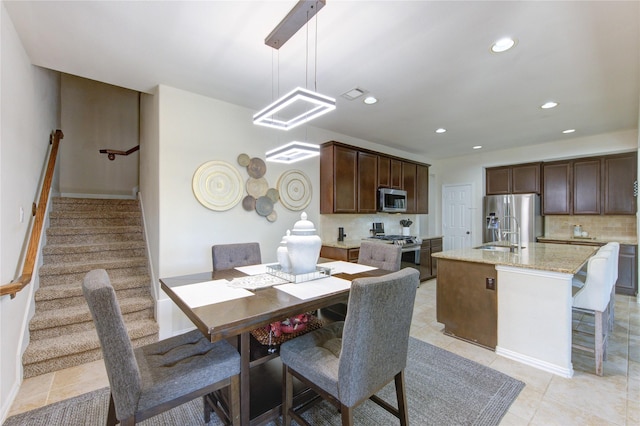 223 Summer Gate Ct, Rosenberg, TX 77469 - dining space featuring recessed lighting, stairway, light tile patterned floors, and baseboards