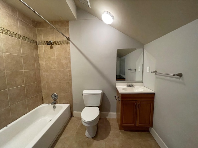 508 W Clay St, Houston, TX 77019 - bathroom with toilet, shower / washtub combination, tile patterned flooring, vanity, and lofted ceiling