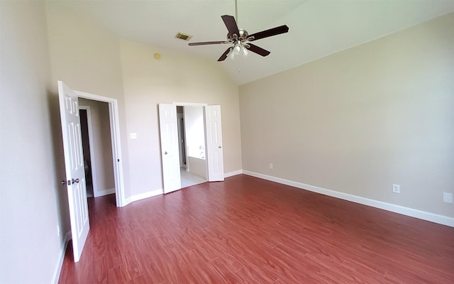 2707 Sun Beam Ct, Pearland, TX 77584 - unfurnished bedroom with high vaulted ceiling, wood finished floors, baseboards, and ceiling fan