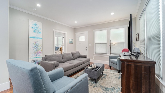 405 N Grace St N, Houston, TX 77003 - living room with wood finished floors, crown molding, recessed lighting, and baseboards