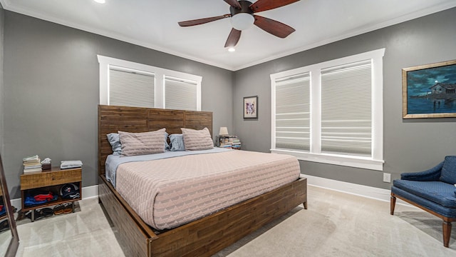 405 N Grace St N, Houston, TX 77003 - bedroom with light carpet, baseboards, ornamental molding, recessed lighting, and ceiling fan