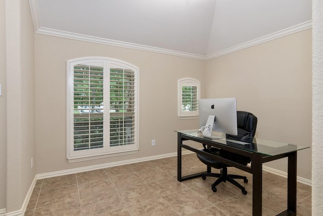 23118 Mestina Knoll Dr, Porter, TX 77365 - home office featuring lofted ceiling, ornamental molding, baseboards, and light tile patterned floors