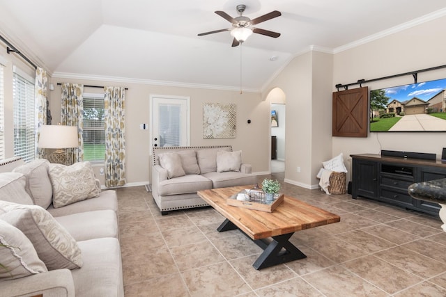 23118 Mestina Knoll Dr, Porter, TX 77365 - living room featuring lofted ceiling, arched walkways, light tile patterned floors, a ceiling fan, and baseboards