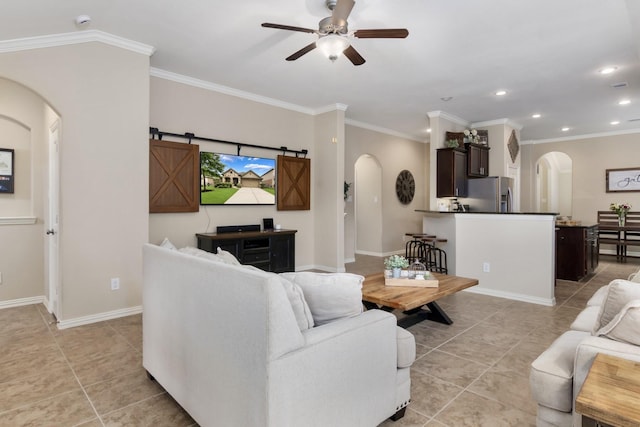 23118 Mestina Knoll Dr, Porter, TX 77365 - living room featuring arched walkways, light tile patterned floors, ceiling fan, recessed lighting, and crown molding