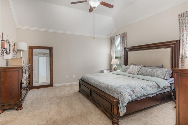 23118 Mestina Knoll Dr, Porter, TX 77365 - bedroom featuring light carpet, lofted ceiling, crown molding, baseboards, and ceiling fan