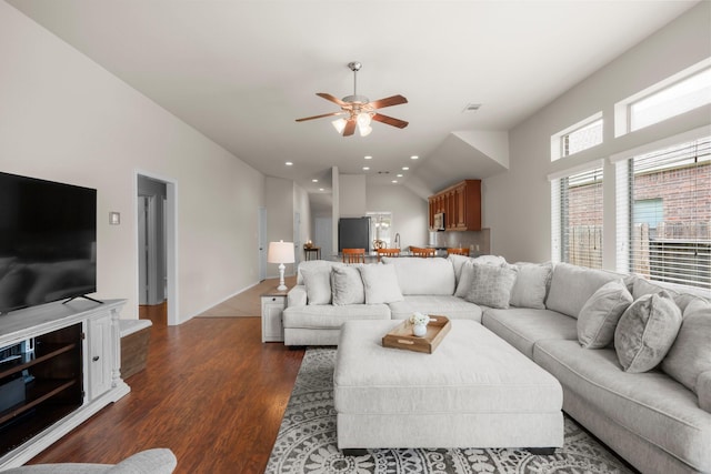 31870 Forest Park Trl, Conroe, TX 77385 - living area featuring lofted ceiling, ceiling fan, and dark wood-style floors