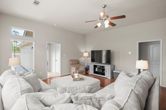 31870 Forest Park Trl, Conroe, TX 77385 - living room featuring a ceiling fan, wood finished floors, and baseboards