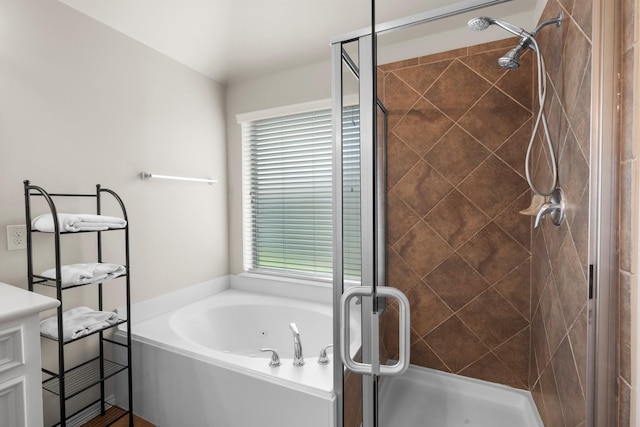 31870 Forest Park Trl, Conroe, TX 77385 - full bathroom with a bath, a shower stall, and vanity