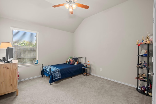 31870 Forest Park Trl, Conroe, TX 77385 - bedroom featuring carpet, lofted ceiling, baseboards, and a ceiling fan