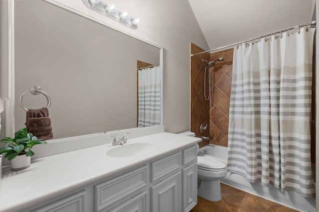 31870 Forest Park Trl, Conroe, TX 77385 - bathroom featuring lofted ceiling, toilet, vanity, and shower / bathtub combination with curtain