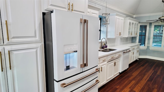 53 S Calla Lily Ct, Lake Jackson, TX 77566 - kitchen with white refrigerator with ice dispenser, a sink, dishwashing machine, lofted ceiling, and light countertops