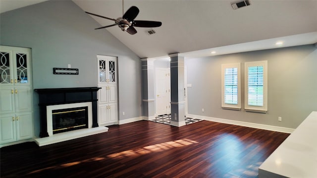 53 S Calla Lily Ct, Lake Jackson, TX 77566 - unfurnished living room with high vaulted ceiling, a ceiling fan, recessed lighting, baseboards, and wood finished floors