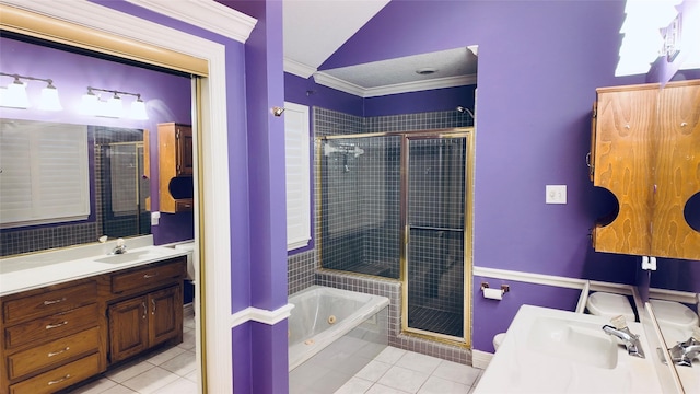 53 S Calla Lily Ct, Lake Jackson, TX 77566 - bathroom featuring tile patterned floors, a stall shower, vanity, a tub with jets, and ornamental molding