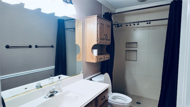 53 S Calla Lily Ct, Lake Jackson, TX 77566 - full bathroom featuring a shower stall, toilet, ornamental molding, and vanity