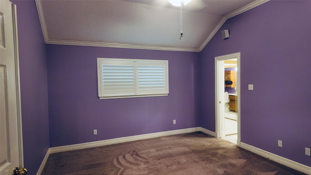 53 S Calla Lily Ct, Lake Jackson, TX 77566 - carpeted empty room with lofted ceiling, ornamental molding, baseboards, and a ceiling fan