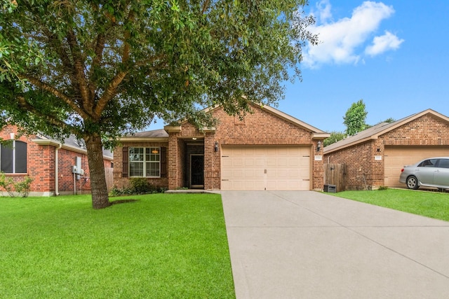 12218 Estelle Ln, Pinehurst, TX 77362 - ranch-style house featuring brick siding, an attached garage, a front lawn, and concrete driveway