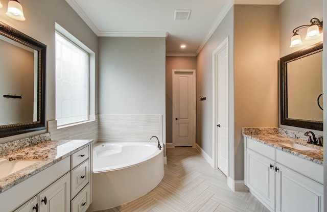 31297 New Forest Park Ln, Spring, TX 77386 - full bathroom featuring crown molding, two vanities, a bath, and recessed lighting