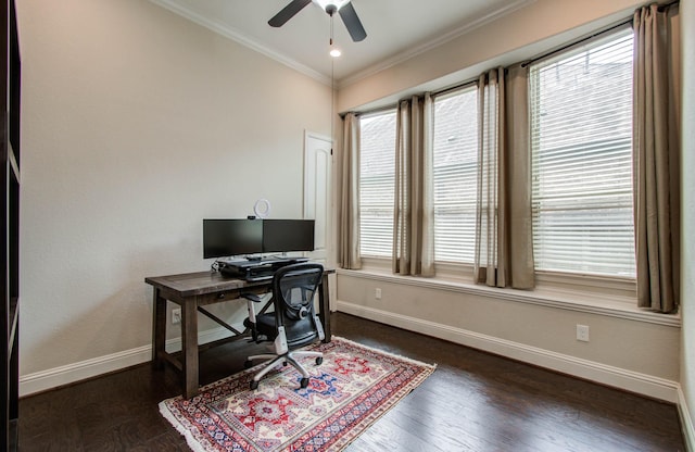 31297 New Forest Park Ln, Spring, TX 77386 - home office with ornamental molding, a ceiling fan, and dark wood-style flooring