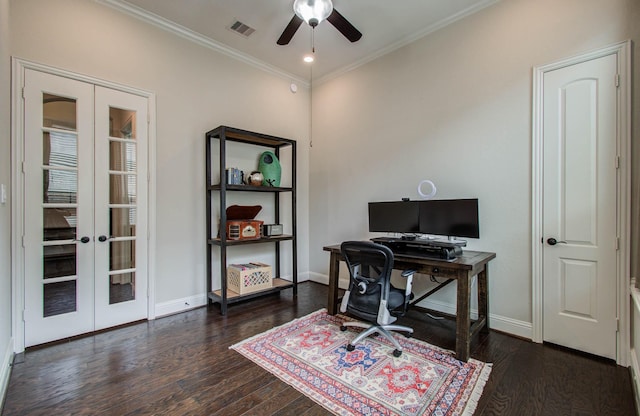 31297 New Forest Park Ln, Spring, TX 77386 - home office with ceiling fan, ornamental molding, french doors, and wood finished floors