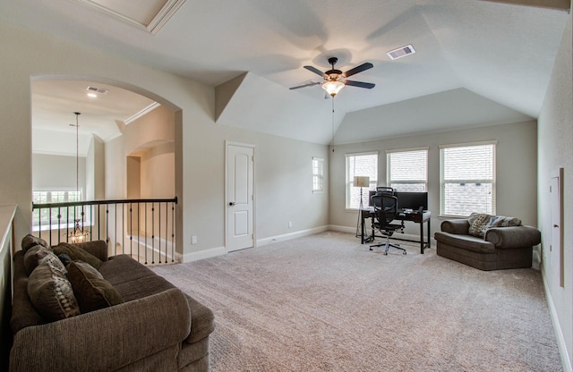 31297 New Forest Park Ln, Spring, TX 77386 - living room with a desk, ceiling fan, carpet flooring, lofted ceiling, and crown molding
