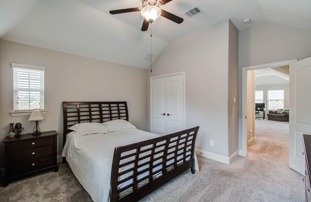 31297 New Forest Park Ln, Spring, TX 77386 - carpeted bedroom with vaulted ceiling, a closet, and a ceiling fan